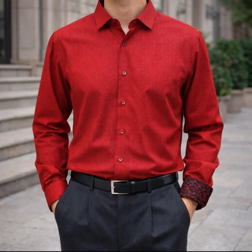 Azaro Uomo Men's Slim-Fit Black Red Long-Sleeve Dress Shirt Size Large